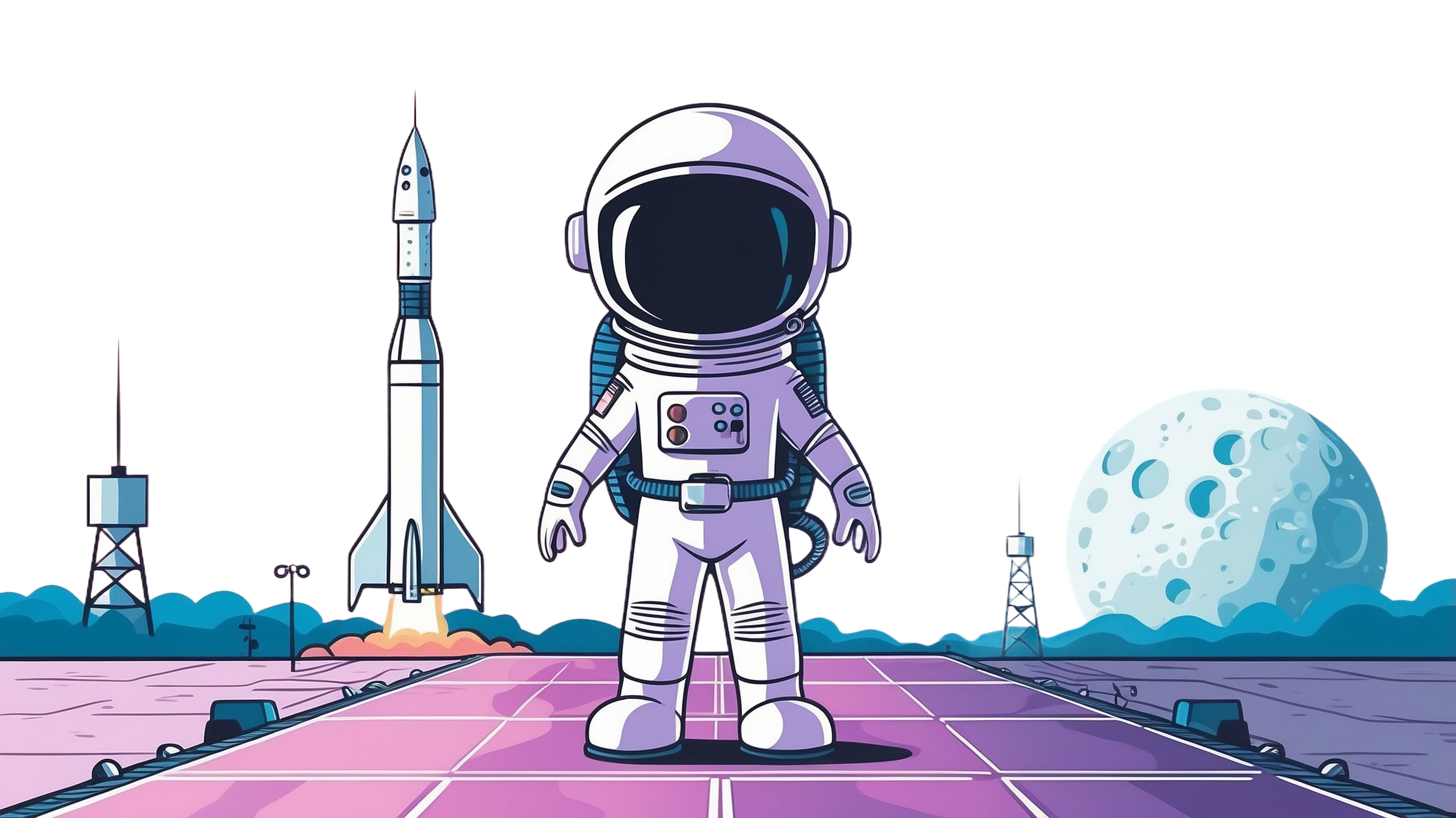 KI-Lösungen & Tools für smarte Unternehmer: Animierter, entschlossener AIstronaut auf einer Startrampe, dahinter Rakete und ein Mond zu sehen